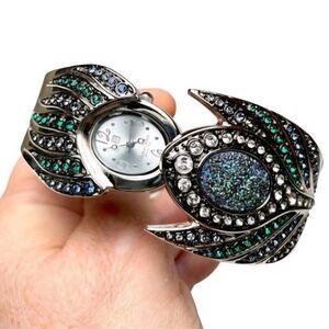 Victoria Wieck Peacock Drusy Crystal Silver Plated Cuff Bracelet Watch